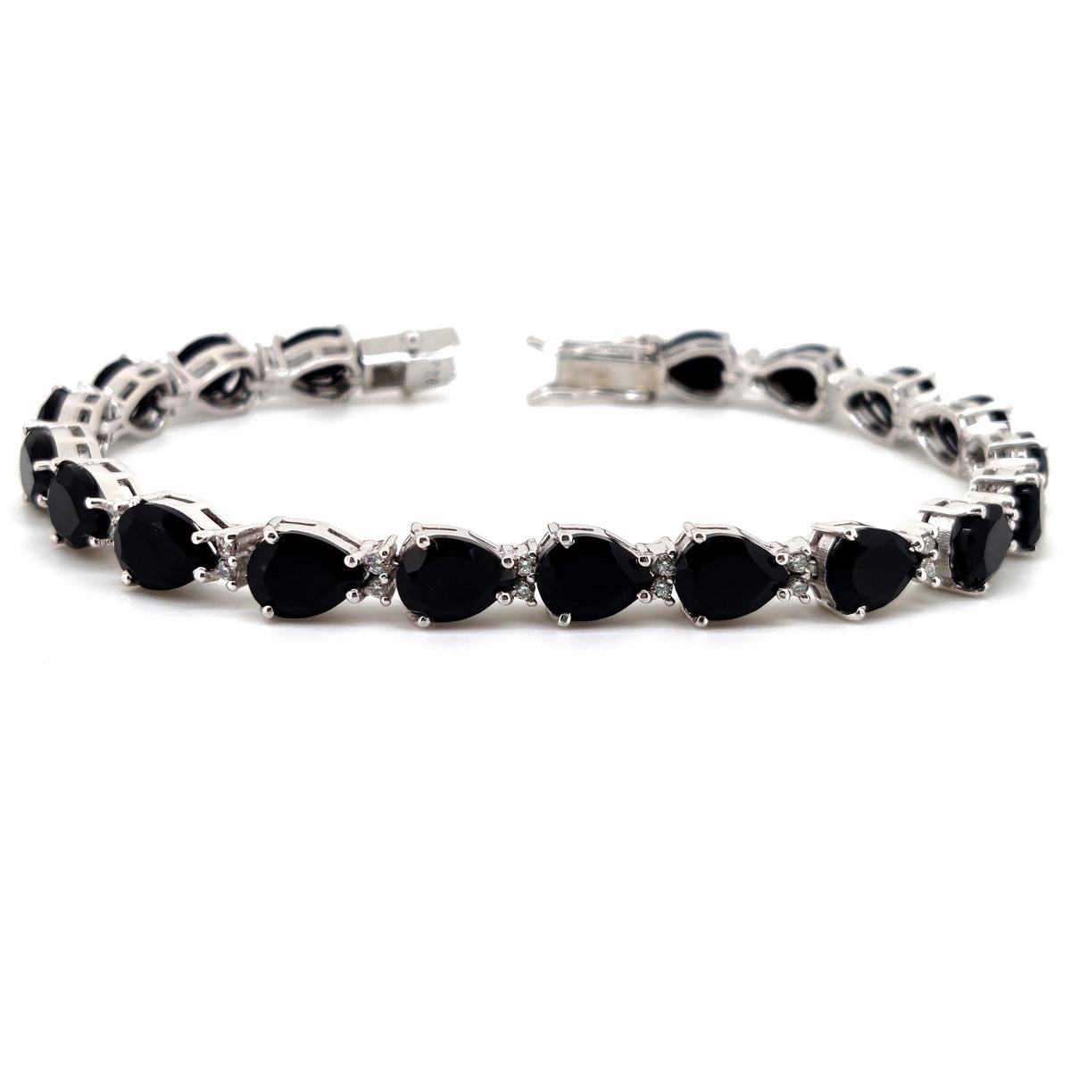 Natural Black Onyx Pear Tennis Bracelet, 6x8mm Sterling Silver Gemstone Bracelet
