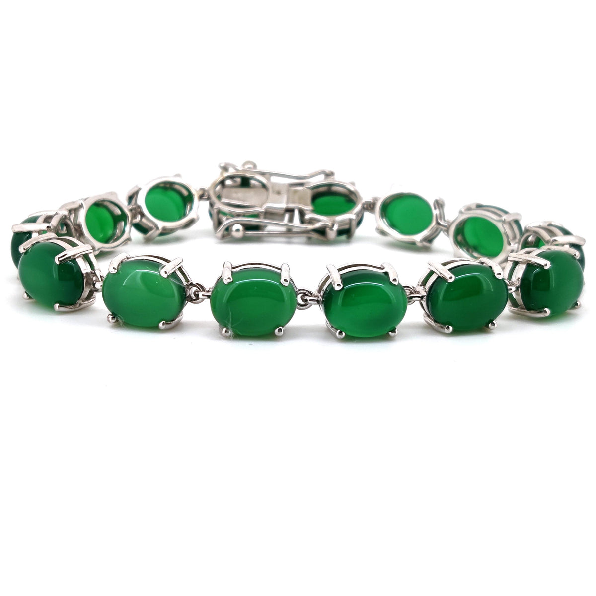 Green Onyx Oval Cabochon Tennis Bracelet, Sterling Silver May Birthstone Jewelry