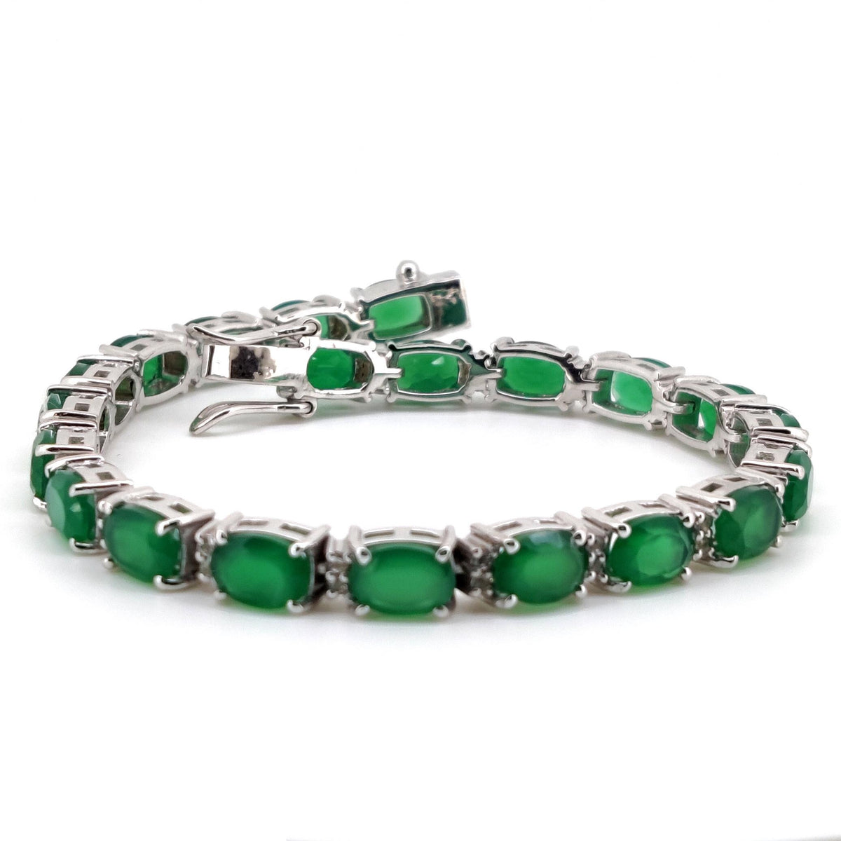 Green Onyx Tennis Bracelet, Sterling Silver, May Birthstone, Oval Cut Faceted Gemstone