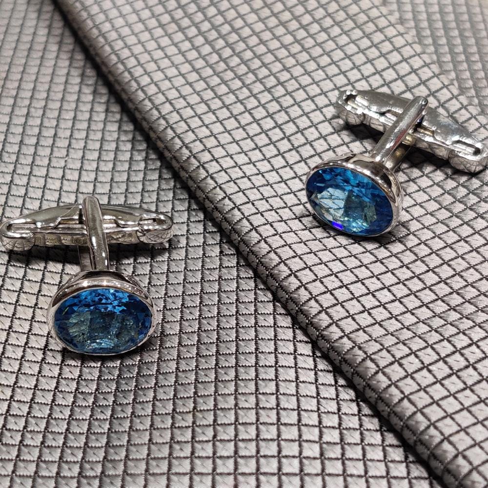 Sterling Silver Swiss Blue Topaz Cufflinks, Oval Faceted Gemstone, Formal Men's Jewelry