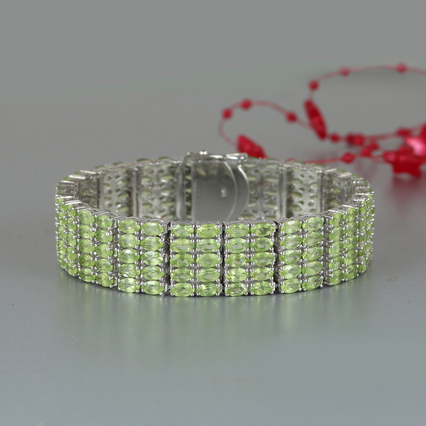 Peridot Tennis Bracelet-925 Sterling Silver-Oval Cut Gemstone Bracelet-Peridot Jewelry-August Birthstone-Five Layered Bracelet-Gift for Her