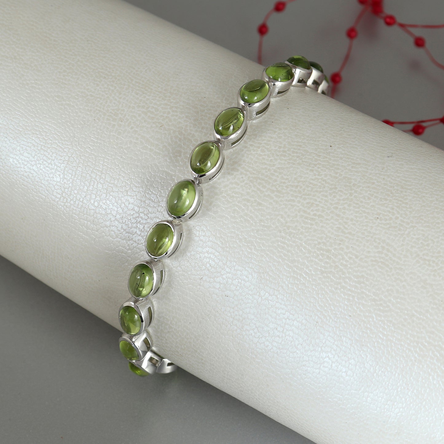 Natural Peridot Tennis Bracelet-925 Sterling Silver-Oval Cabochon Gemstone Bracelet-Peridot Jewelry-Handmade Bracelet-Wedding Gift for Her