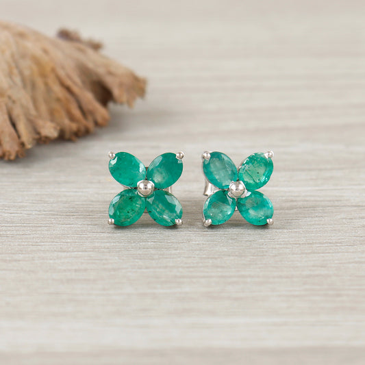 Natural Emerald Stud Earrings-925 Sterling Silver-Floral Emerald Studs-5x4mm Oval Emerald Stud Earrings-May Birthstone jewelry-Wedding Gift