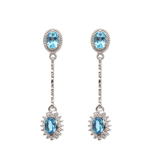 Swiss Blue Topaz Dangle Earrings-925 Sterling Silver Earrings-Blue Topaz Cluster Dangle Earrings-December Birthstone Studs-Gift for Her