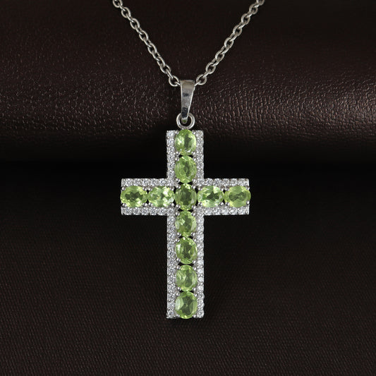 Natural Peridot Cross Pendant-925 Sterling Silver Holy Cross Pendant-Gemstone Cross Pendant-August Birthstone-Cross Jewelry Gift for Her