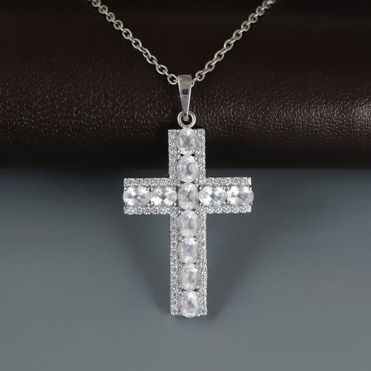 Rose Quartz Cross Pendant-925 Sterling Silver Holy Cross Pendant-Charm Pendant-Cluster Pendant-January Birthstone Pendant-Gift for Her