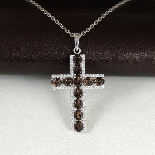 Natural Smoky Quartz Cross Pendant Necklace-925 Sterling Silver-June Birthstone-Holy Cross Pendant-Smoky Quartz Jewelry-Gift for Her