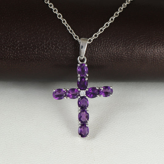 Natural Amethyst Cross Pendant-925 Sterling Silver-Amethyst Criss Cross Pendant-Oval Amethyst Gemstone Pendant-Cross Pendant Christmas Gift