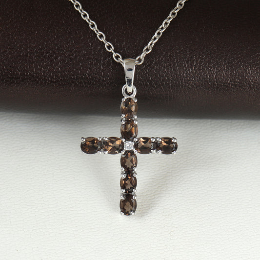 Natural Smoky Quartz Cross Pendant Necklace-925 Sterling Silver-June Birthstone-Holy Cross Pendant-Smoky Quartz Jewelry-Gift for Her