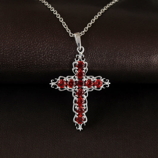 Natural Garnet Cross Pendant-925 Sterling Silver Criss Cross-Round Garnet Gemstone Pendant-Garnet Holy Cross Pendant-Christmas Gift for Her