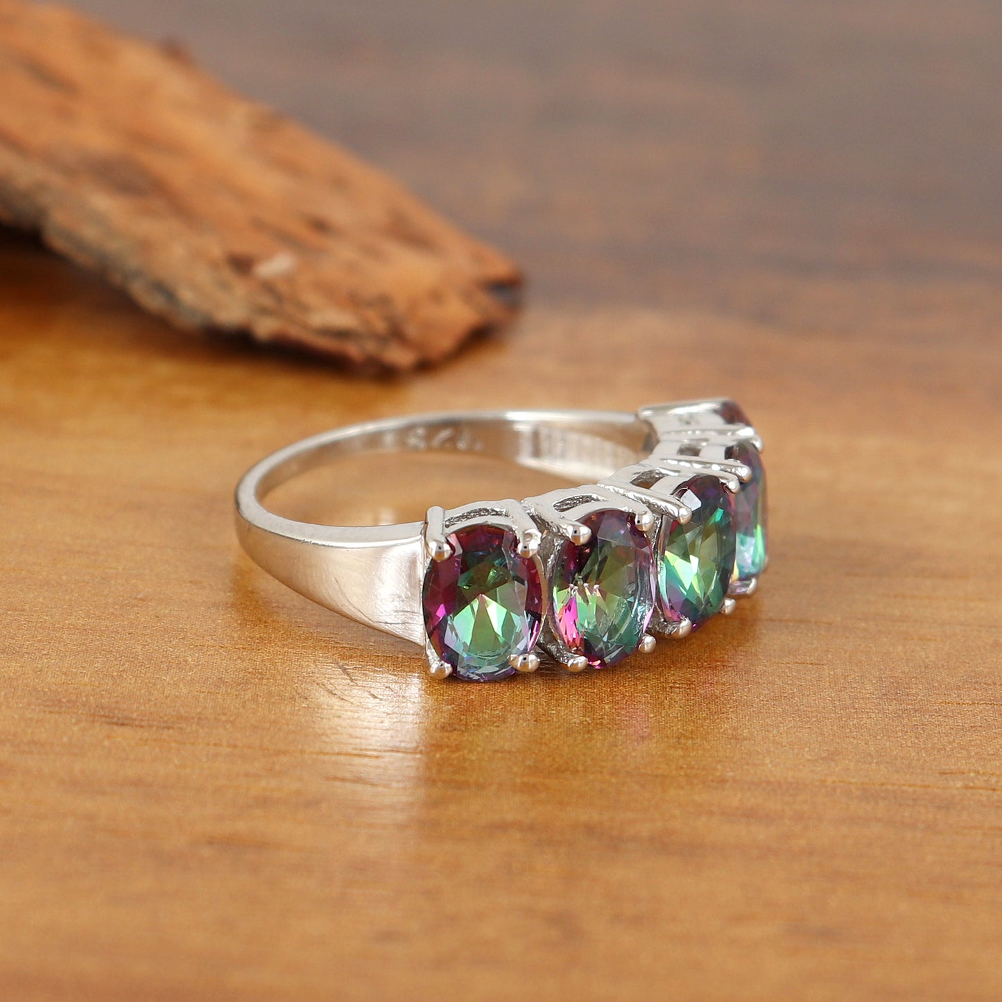 Natural Mystic Topaz Oval Gemstone Ring-925 Sterling Silver-Mystic Topaz Ring-Half Eternity Band-Birthstone Ring-Engagement Gift-Wedding Ring