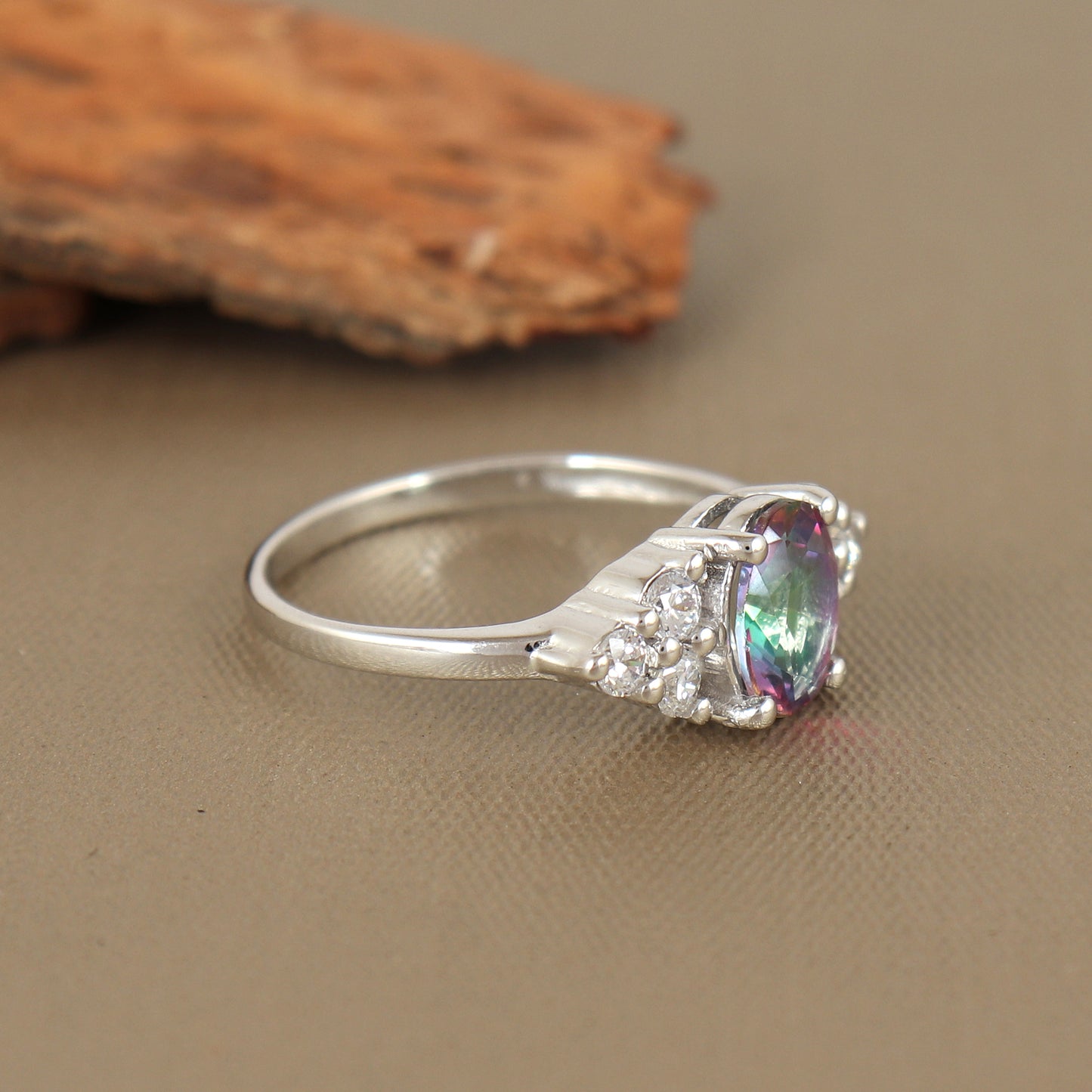 Natural Mystic Topaz Oval Gemstone Ring-925 Sterling Silver-Mystic Topaz Ring-Rainbow Topaz Ring-Mystic Topaz Cluster Ring-Wedding Gift