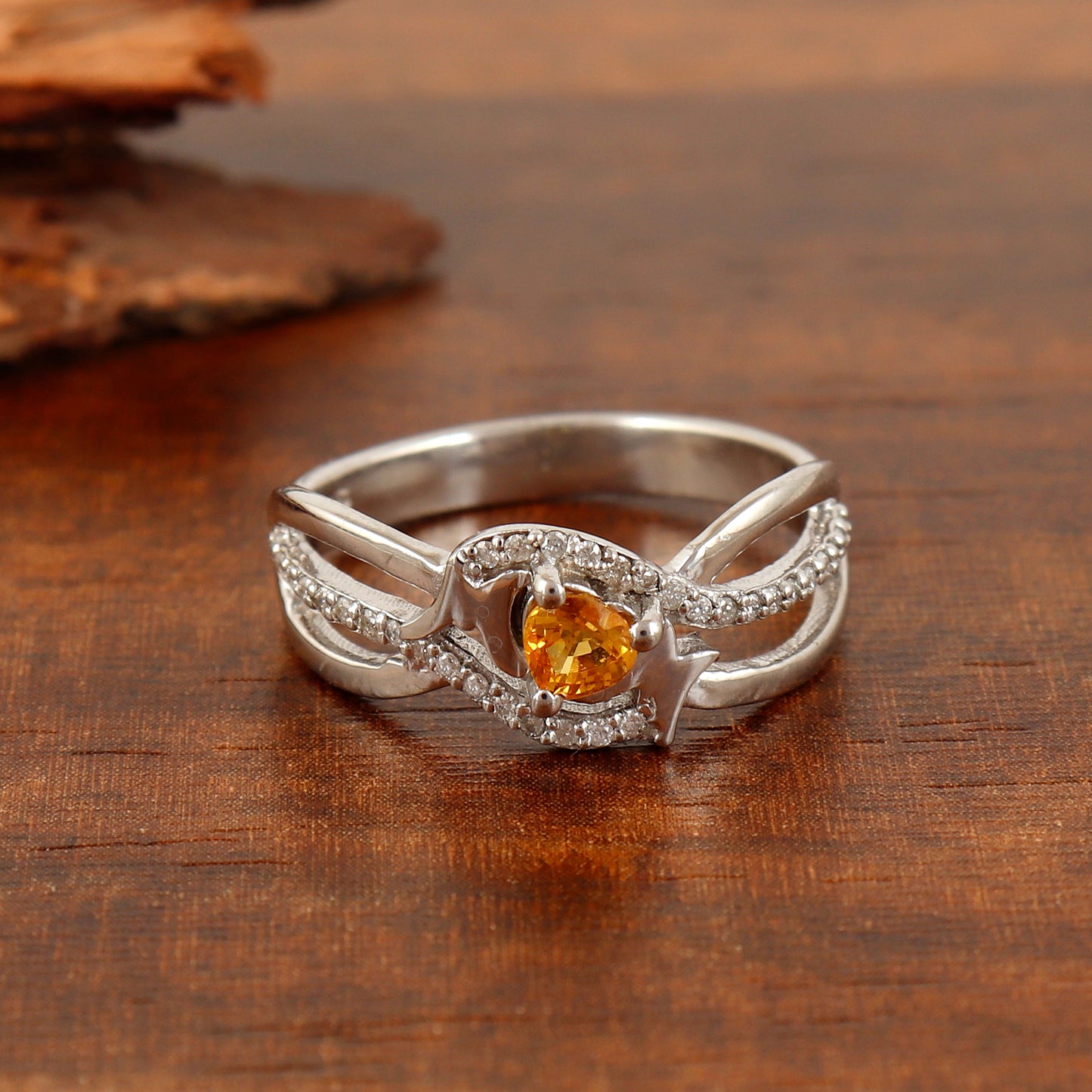 Natural Yellow Sapphire Heart Cut Gemstone Diamond Ring in 925 Sterling Silver Wedding Gift for Her