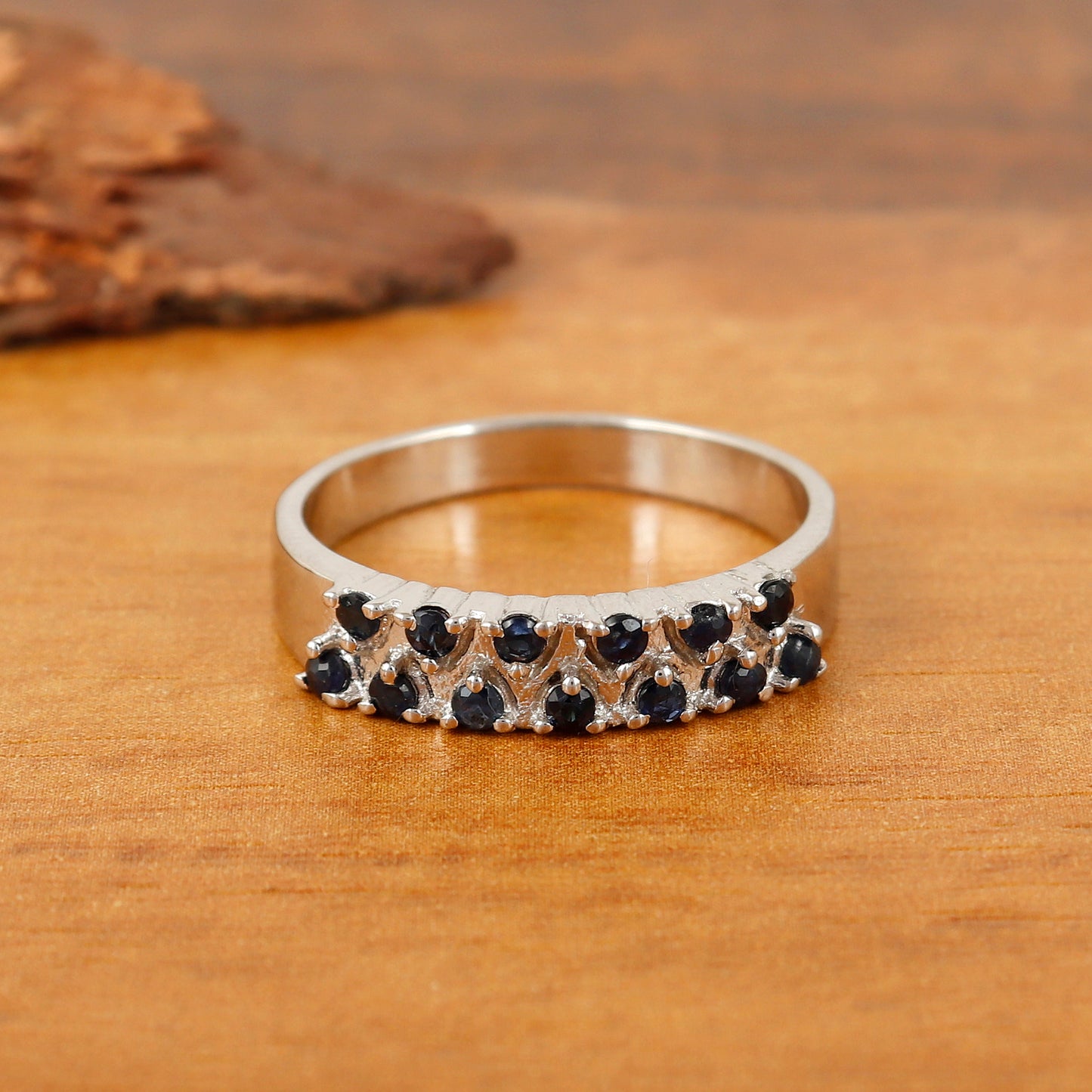 Natural Blue Sapphire Round Gemstone Half Eternity Band-925 Sterling Silver Ring-Sapphire Thumb Ring-September Birthstone Ring-Wedding Gift