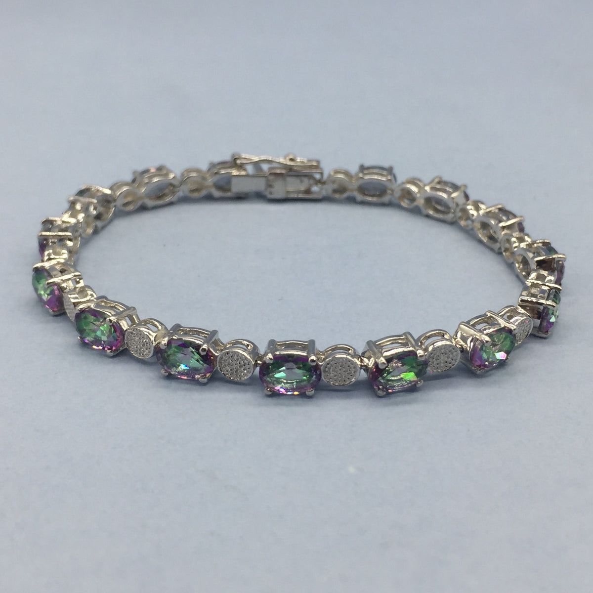 Mystic Quartz Oval Faceted Sterling Silver Bracelet, Rainbow Gemstone Jewelry