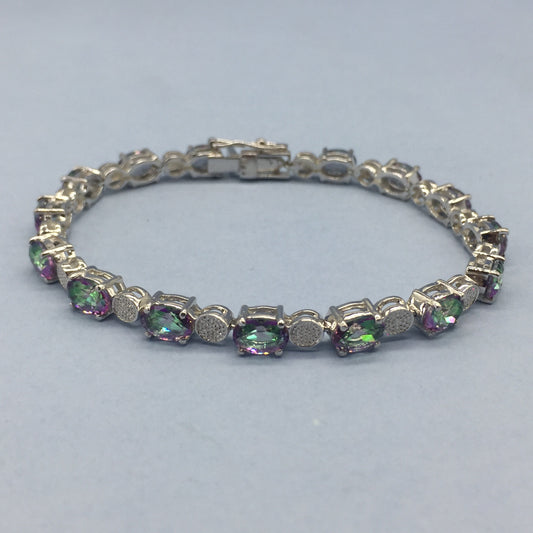 Mystic Quartz Oval Faceted Sterling Silver Bracelet, Rainbow Gemstone Jewelry
