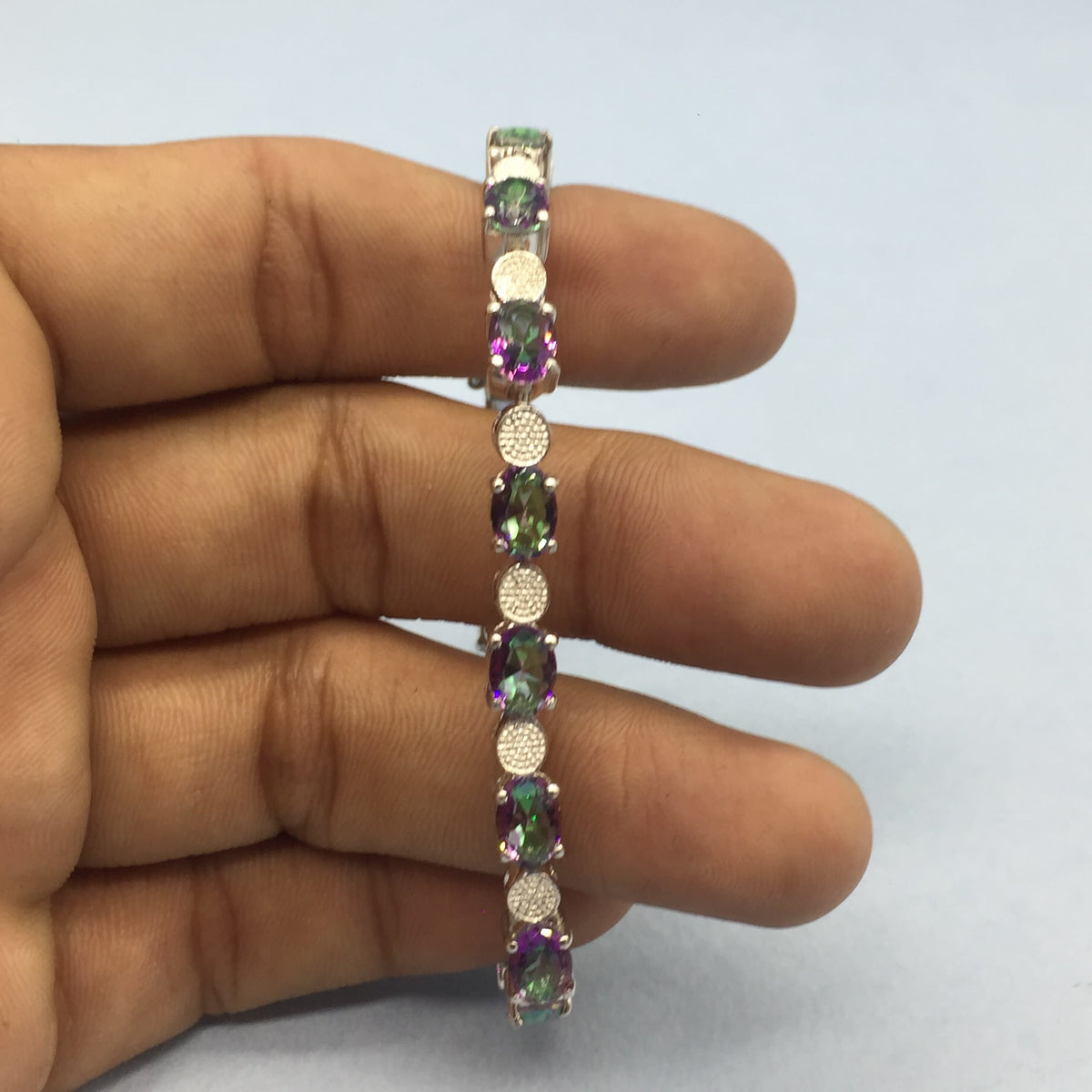 Mystic Quartz Oval Faceted Sterling Silver Bracelet, Rainbow Gemstone Jewelry