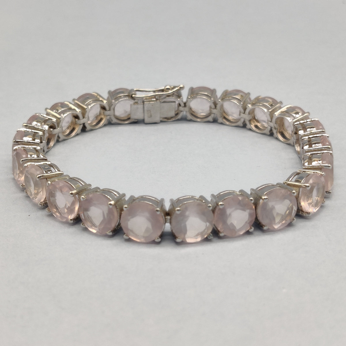Natural Rose Quartz Tennis Bracelet, Sterling Silver, January Birthstone, Round Gemstone (8mm)