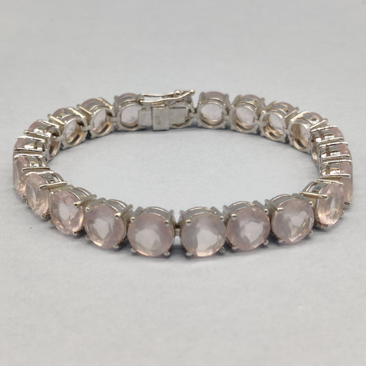 Natural Rose Quartz Tennis Bracelet, Sterling Silver, January Birthstone, Round Gemstone (8mm)