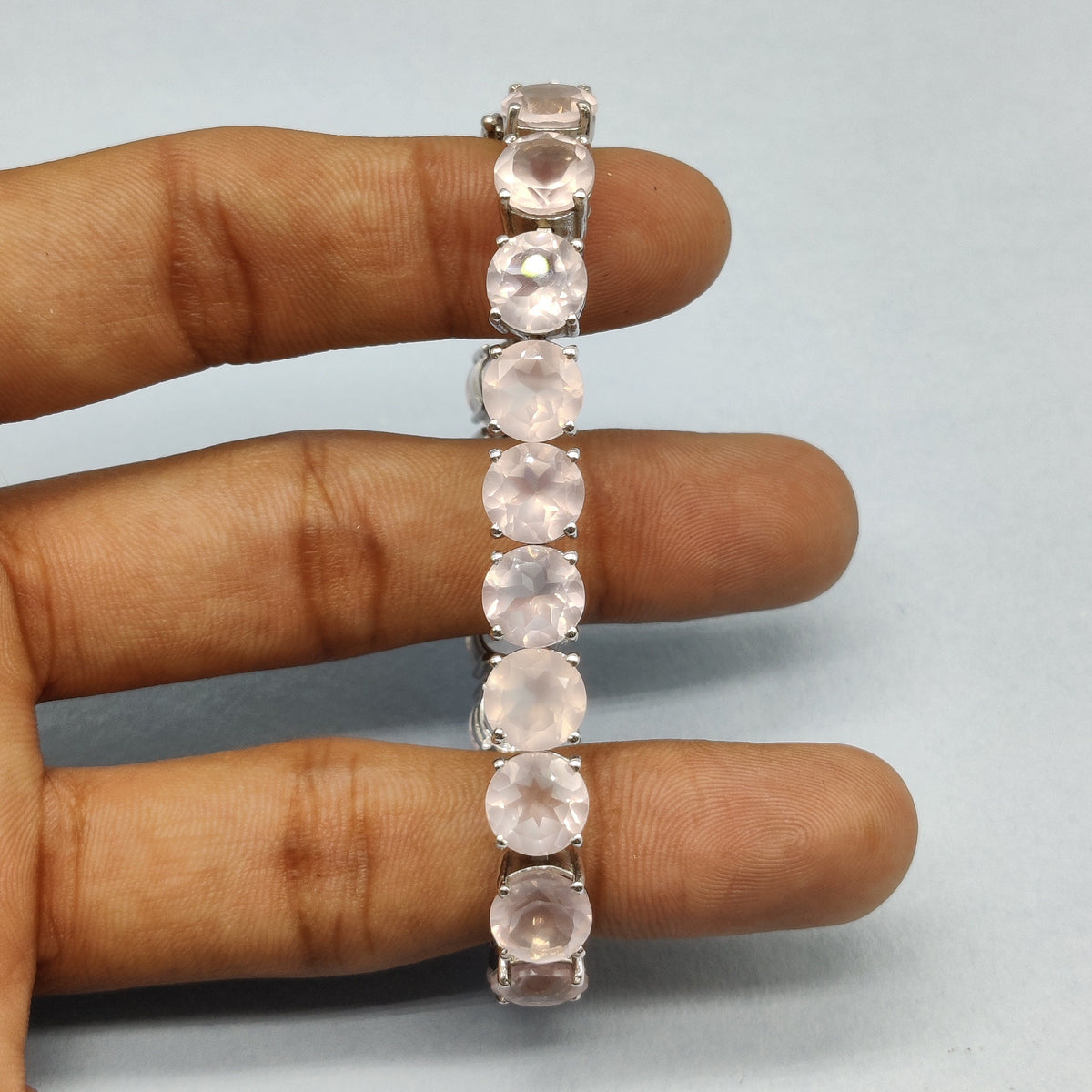 Natural Rose Quartz Tennis Bracelet, Sterling Silver, January Birthstone, Round Gemstone (8mm)