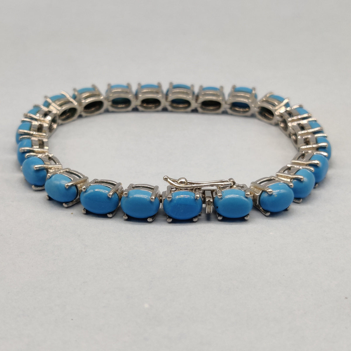 Sterling Silver Oval Turquoise Tennis Bracelet, Vintage Style Blue Gemstone Links