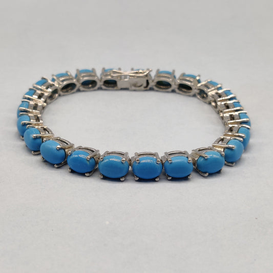 Sterling Silver Oval Turquoise Tennis Bracelet, Vintage Style Blue Gemstone Links
