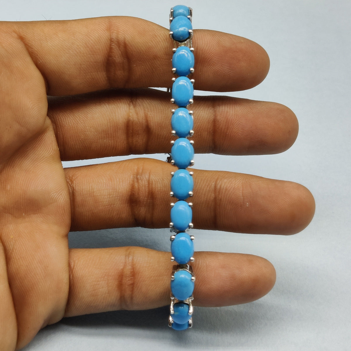 Sterling Silver Oval Turquoise Tennis Bracelet, Vintage Style Blue Gemstone Links