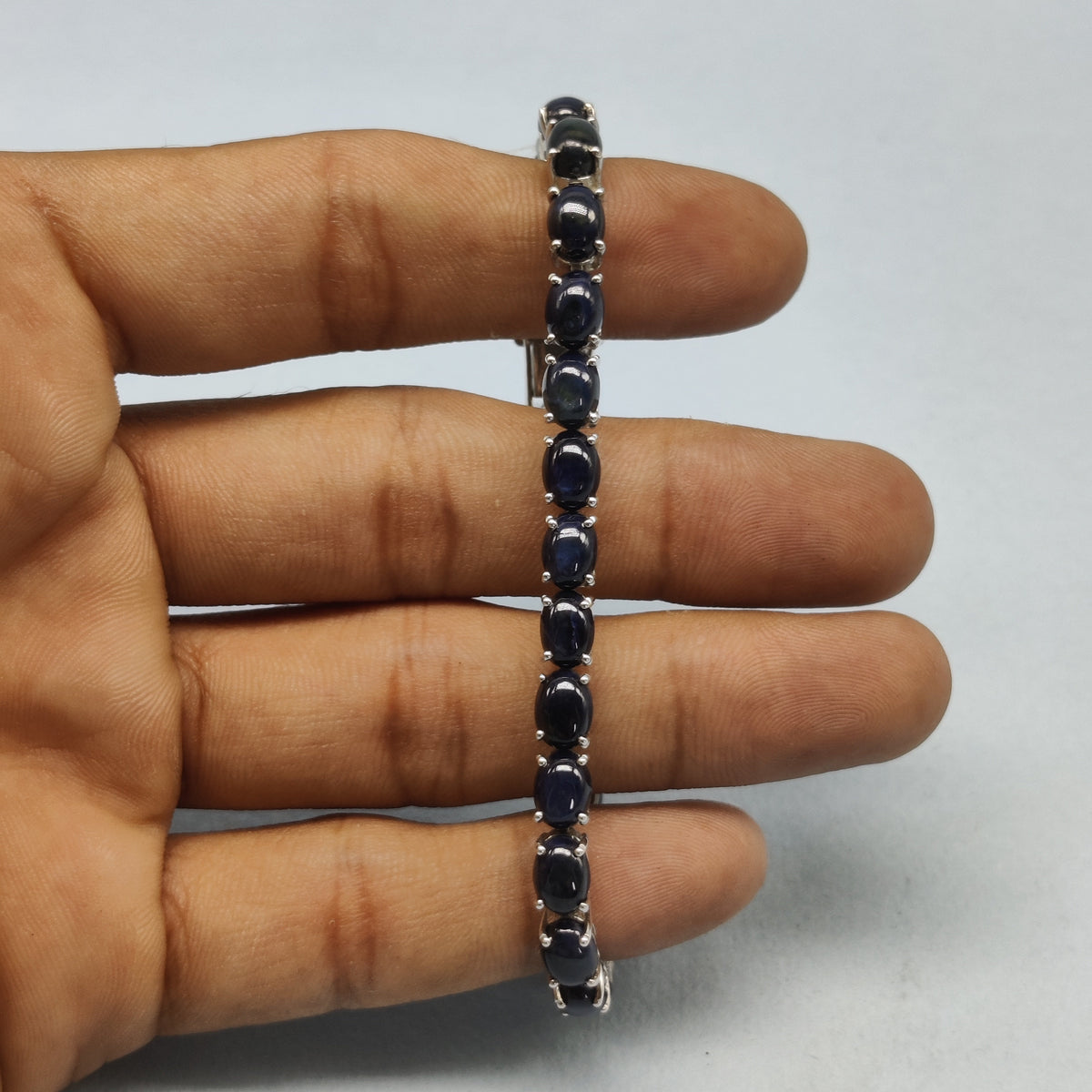 Handmade Blue Sapphire Oval Cabochon Tennis Bracelet Sterling Silver Jewelry