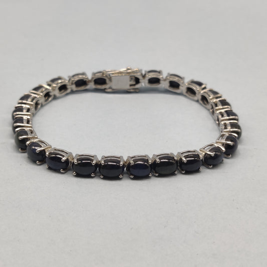 Handmade Blue Sapphire Oval Cabochon Tennis Bracelet Sterling Silver Jewelry