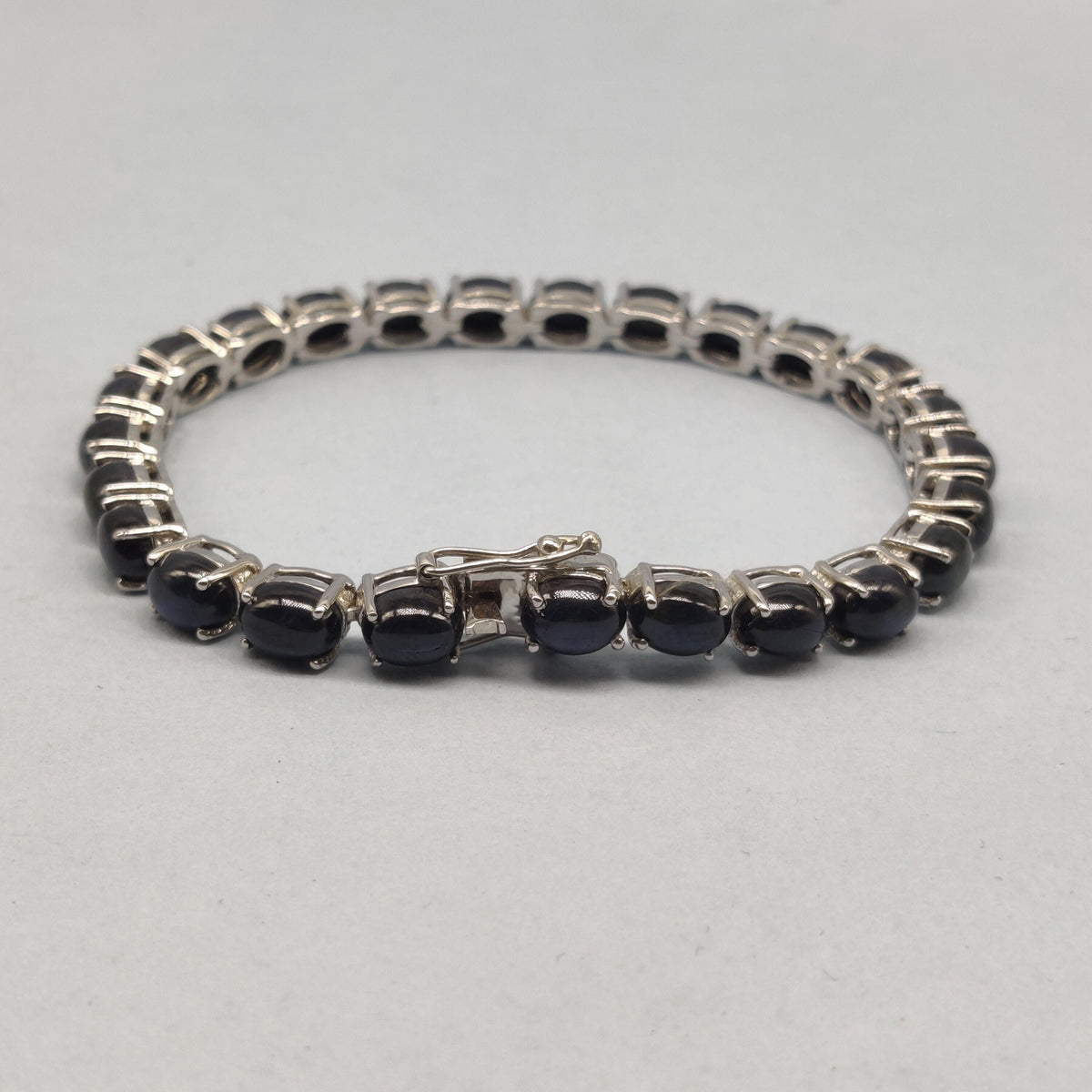 Handmade Blue Sapphire Oval Cabochon Tennis Bracelet Sterling Silver Jewelry