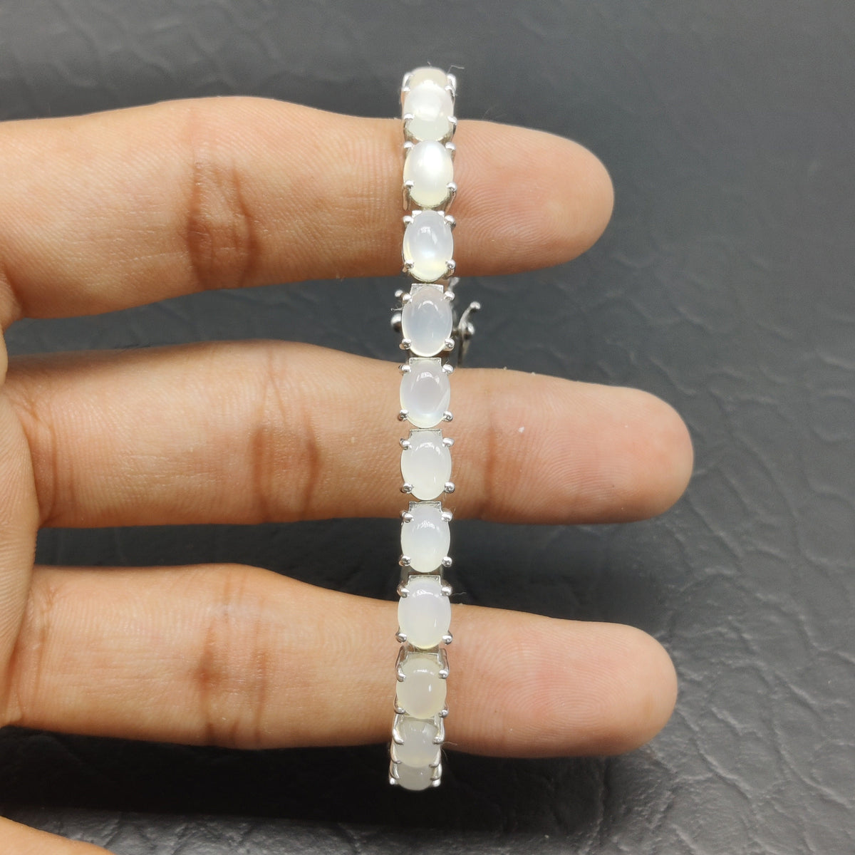 Natural Moonstone Oval Cabochon Sterling Silver Tennis Bracelet