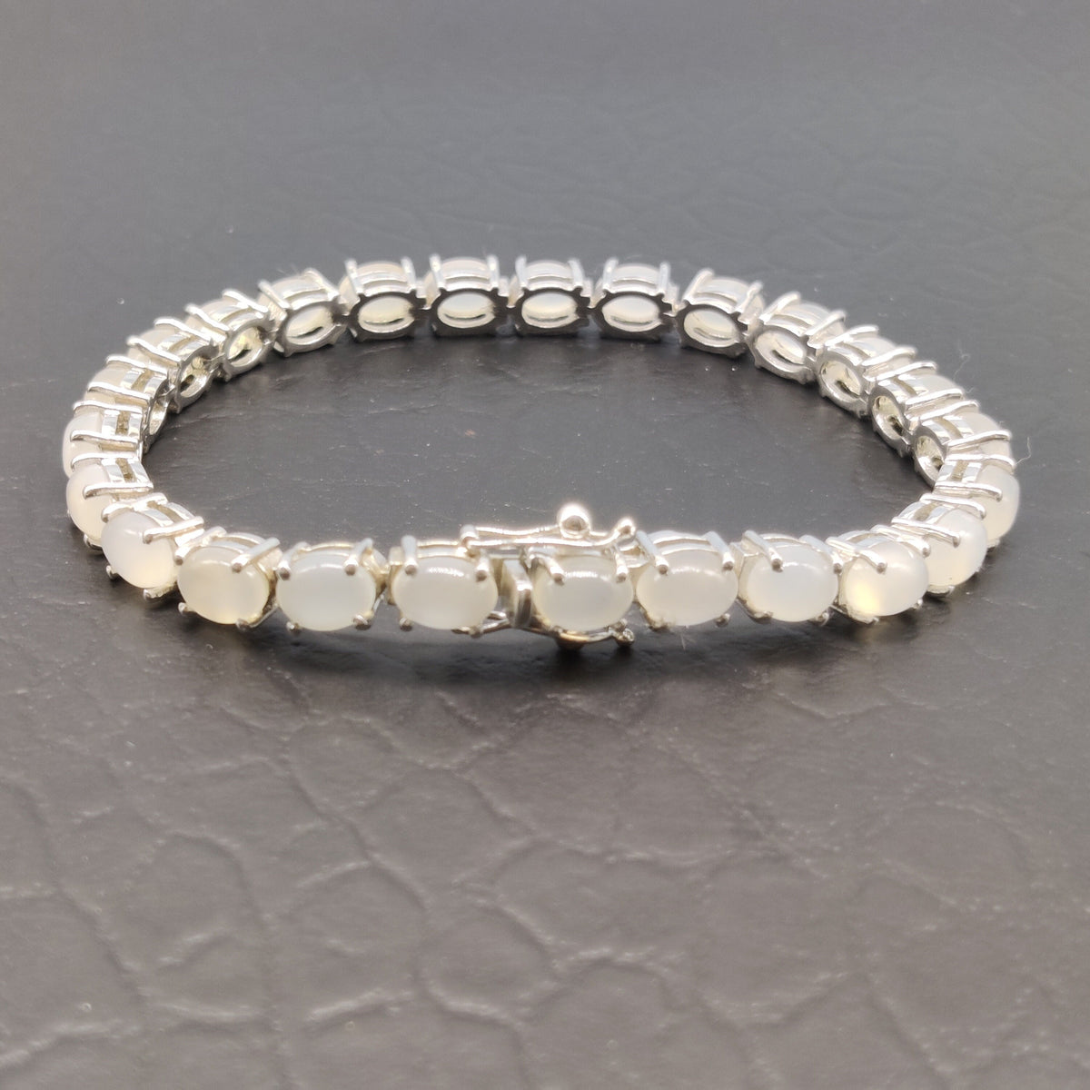 Natural Moonstone Oval Cabochon Sterling Silver Tennis Bracelet
