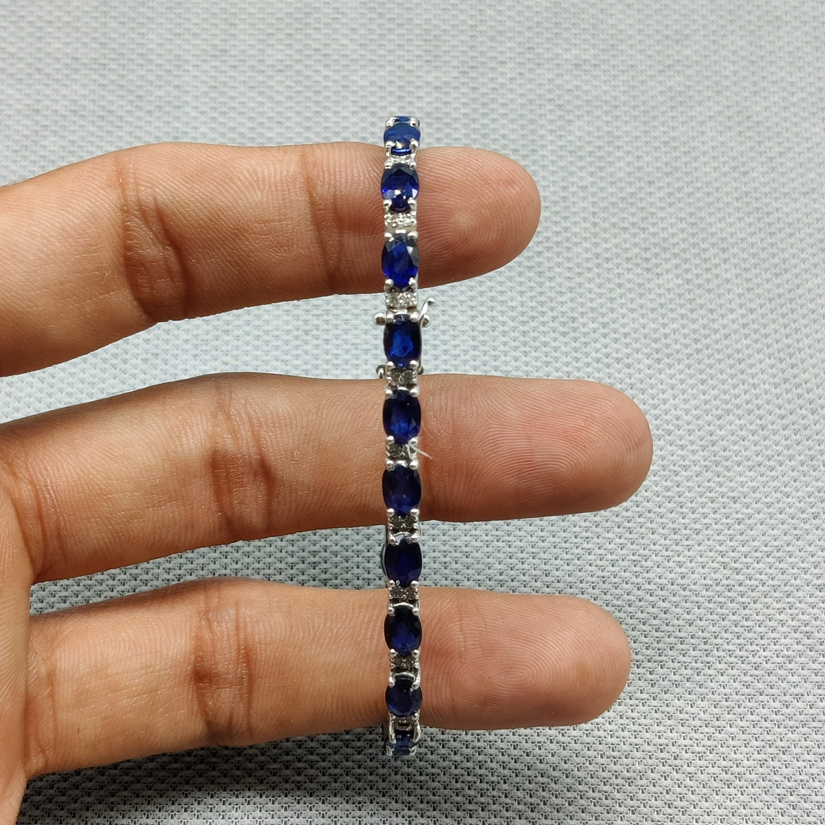 Oval Faceted Blue Sapphire Tennis Bracelet, 925 Sterling Silver, 7x5mm Stones