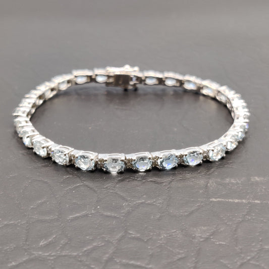 Natural Aquamarine & Cubic Zircon Bracelet / 925 Sterling Silver / March Birthstone Jewelry