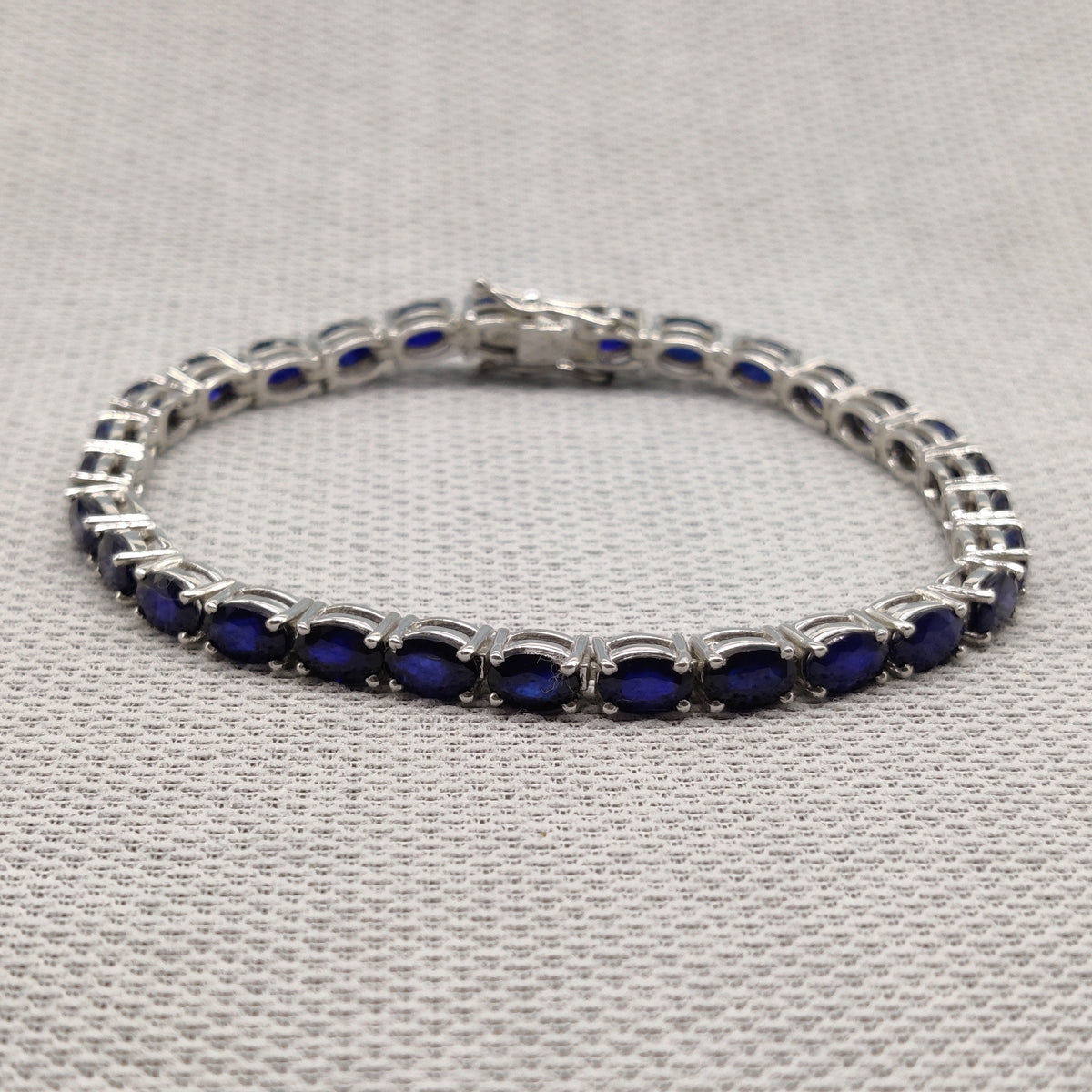 Oval Blue Sapphire Tennis Bracelet, Sterling Silver, September Birthstone, Vintage Style