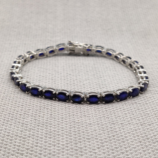 Oval Blue Sapphire Tennis Bracelet, Sterling Silver, September Birthstone, Vintage Style
