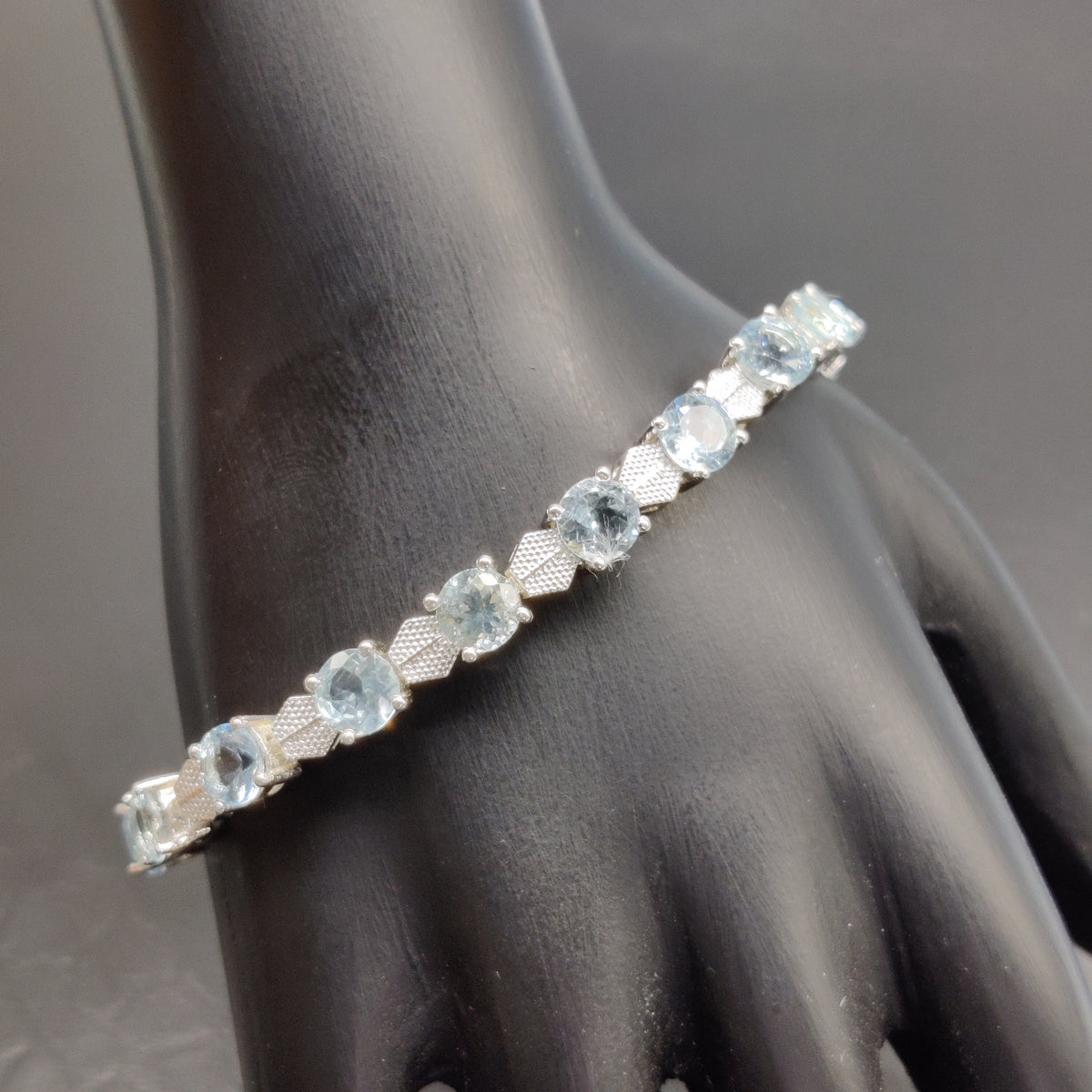 Natural Aquamarine Round Cut Tennis Bracelet, 925 Sterling Silver, Blue Gemstone Jewelry