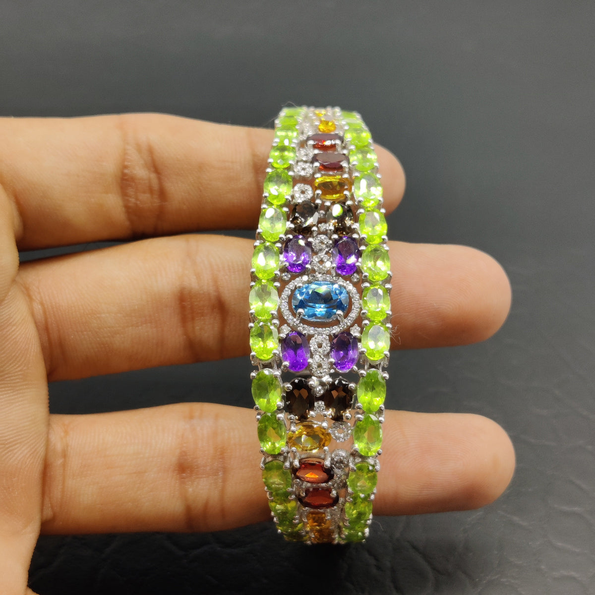 Multi Gemstone Sterling Silver Bracelet – Oval & Round Faceted Stones