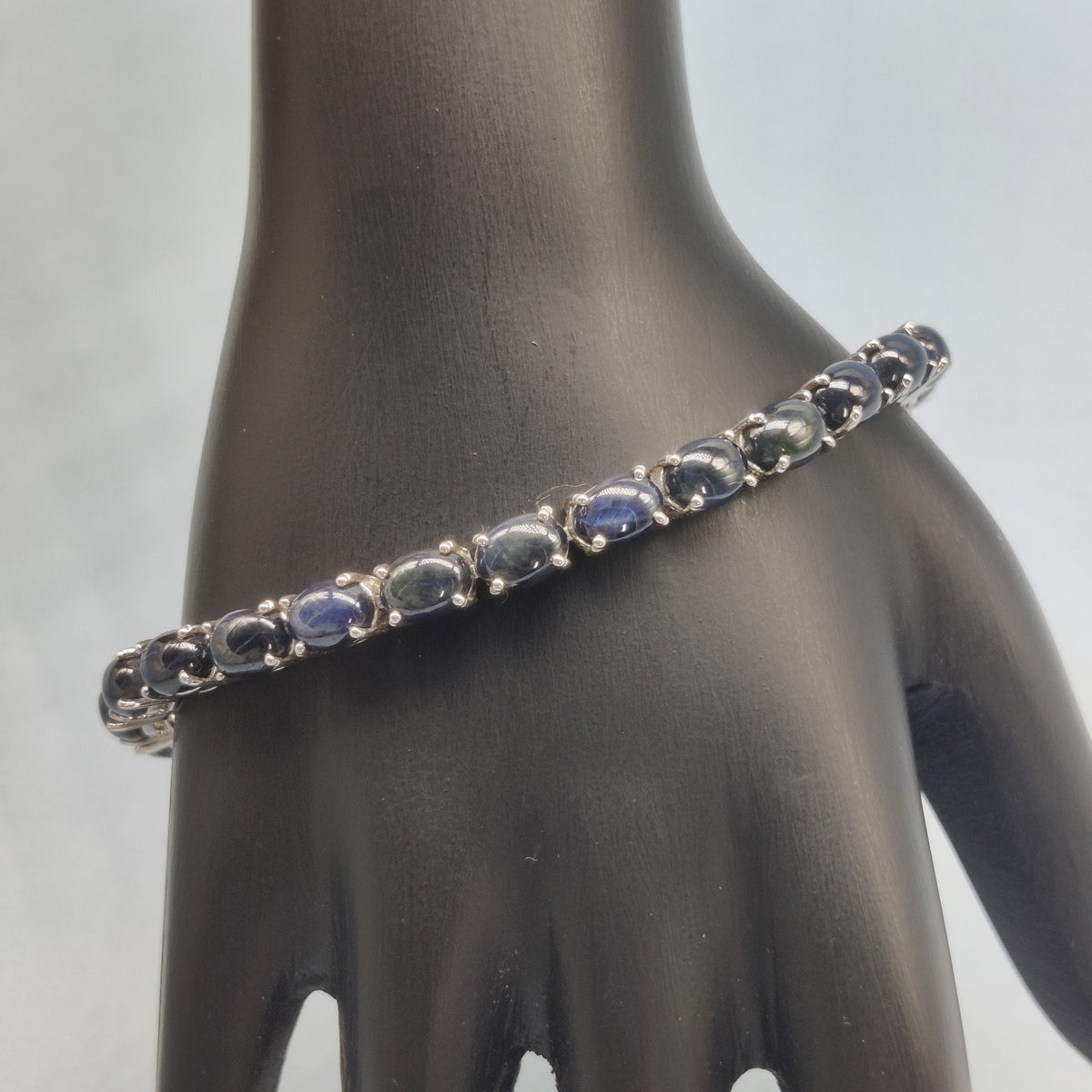 Handmade Blue Sapphire Oval Cabochon Tennis Bracelet Sterling Silver Jewelry