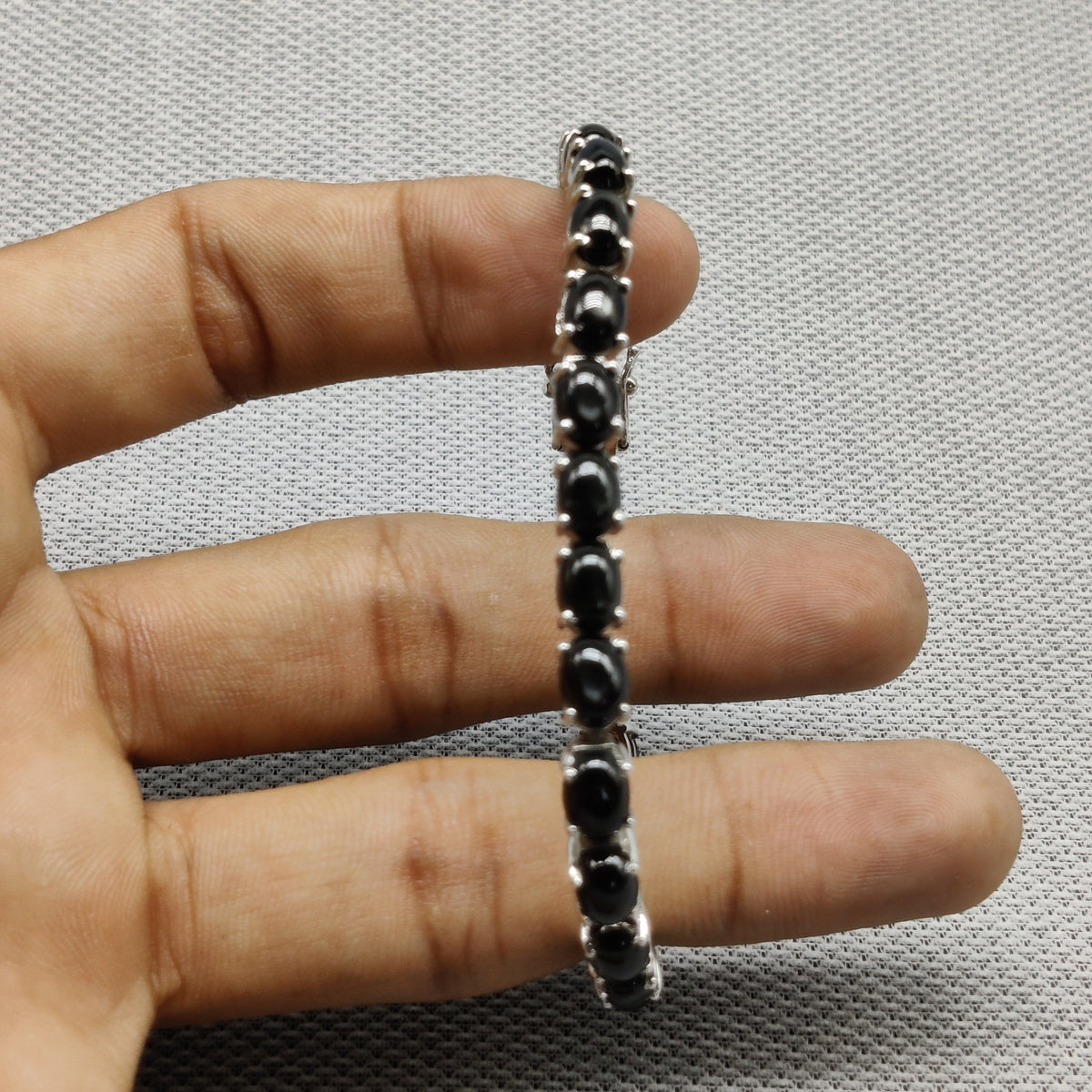 Natural Black Star Oval Cabochon 925 Sterling Silver Bracelet