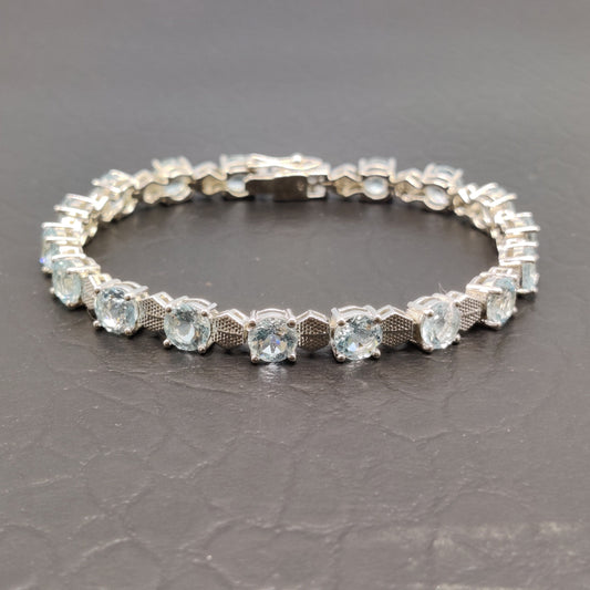 Natural Aquamarine Round Cut Tennis Bracelet, 925 Sterling Silver, Blue Gemstone Jewelry