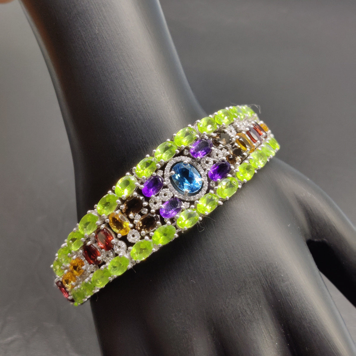 Multi Gemstone Sterling Silver Bracelet – Oval & Round Faceted Stones
