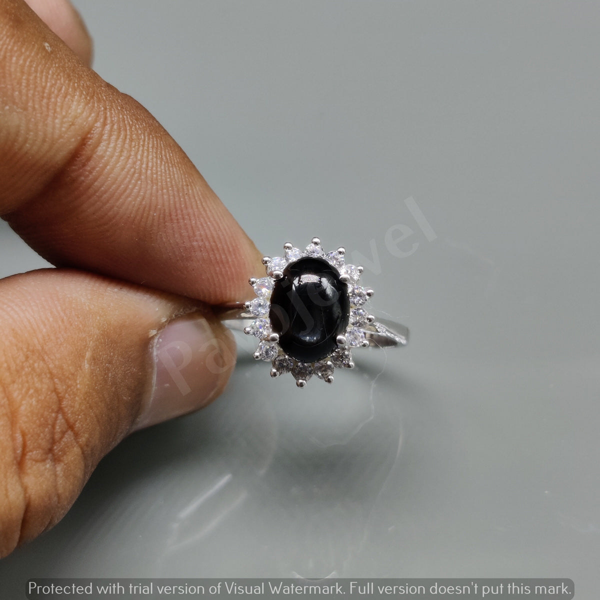 Sterling Silver Black Star Oval Ring with Cubic Zircon Accent