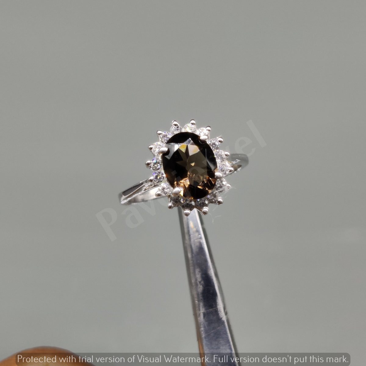 Smoky Quartz & Cubic Zircon Ring, 925 Sterling Silver, Handmade