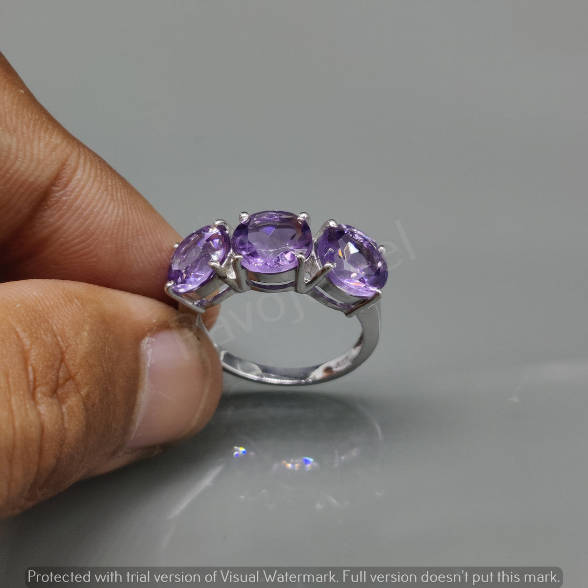 Triple Amethyst Sterling Silver Ring – February Birthstone Half Eternity Band
