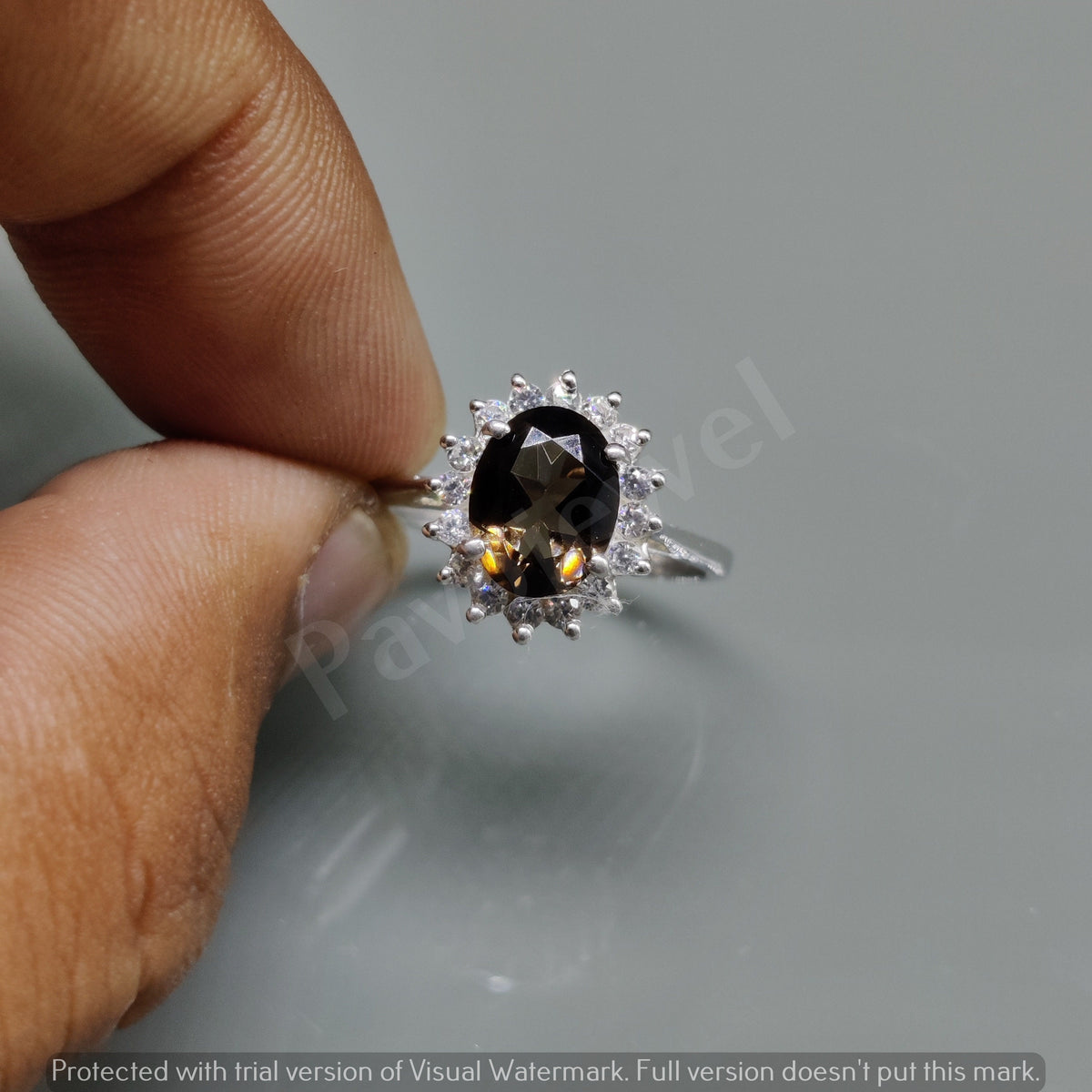 Smoky Quartz & Cubic Zircon Ring, 925 Sterling Silver, Handmade
