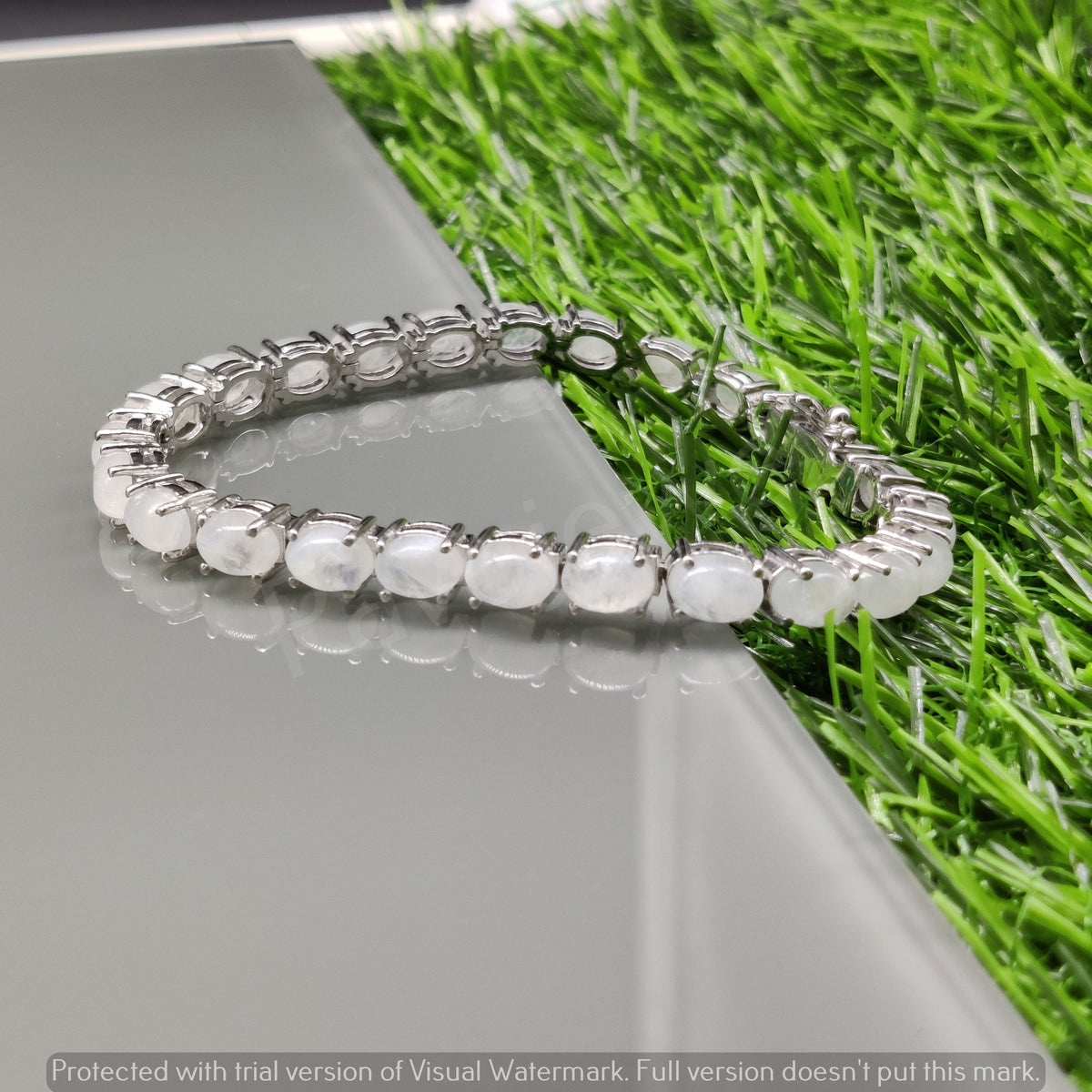 Oval Rainbow Moonstone Sterling Silver Tennis Bracelet, Blue Fire Gemstone