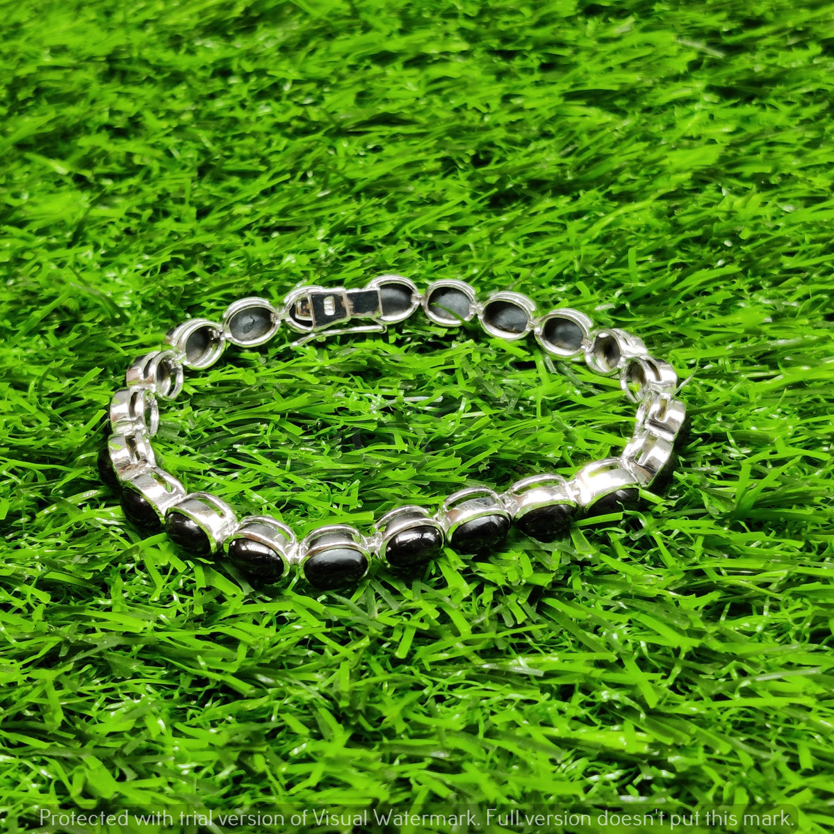 Natural Black Star Oval Cabochon Sterling Silver Bracelet, Tennis Style