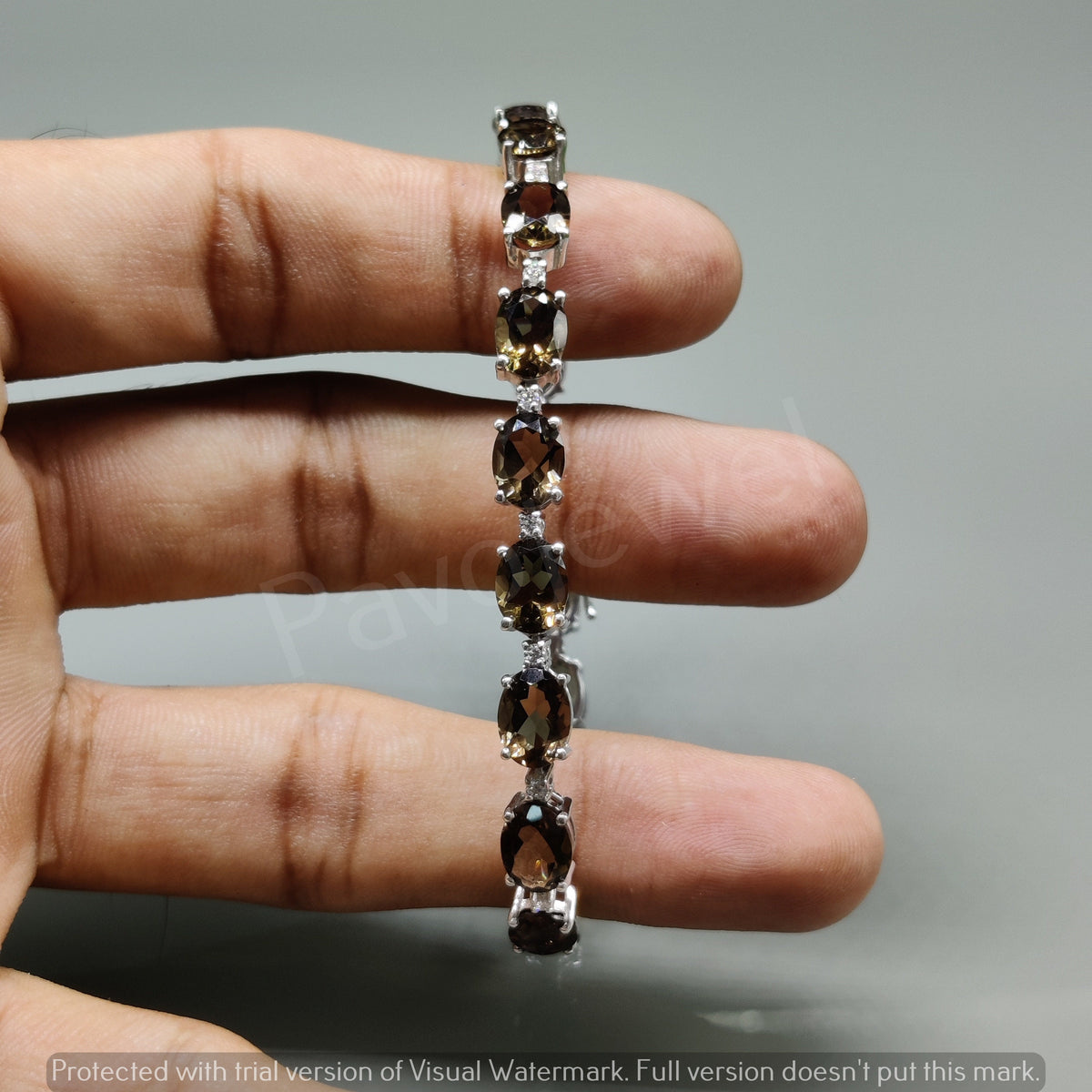 Oval Faceted Smoky Quartz Sterling Silver Bracelet, Tennis Style Jewelry