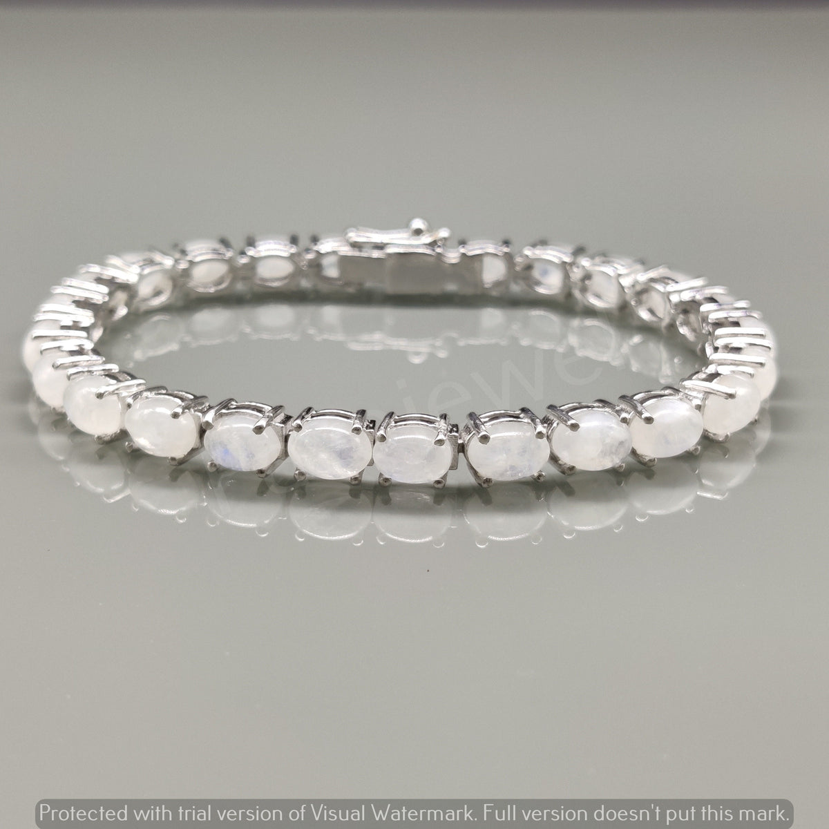 Oval Rainbow Moonstone Sterling Silver Tennis Bracelet, Blue Fire Gemstone